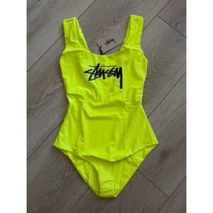 Stussy Stock One Piece Swim Suit Neon Yellow Logo 213070 Womens Small NWT